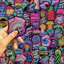 50Pcs Neon Mental Health Prevention Stickers For Suitcases, Laptops, Scrapbooks, Diaries, Water Bottles Sticker - Black - View 5