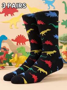 1/3 Pairs Unisex Colorful Dinosaur Print Black Crew Socks, Soft & Loose Fit Mid-Calf Socks, Suitable For Young People - Multicolor - View 5