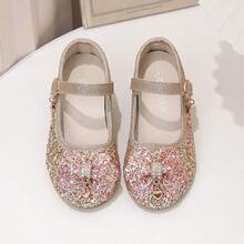 Sparkling Sequin Girls Princess Shoes, Fine Glitter Bowknot With Rhinestone Heart Pendant, One-Strap Magic Hook & Loop Closure, Easy On & Off, Suitable For Performance, Birthday Party, Dress Matching - Champagne - View 4