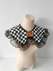 1 Set Black White Checkered Detachable False Collar And Mesh Hand Sleeves Set With Pumpkin Patch For Halloween Clown Cosplay Costume Party Accessory - A - View 9