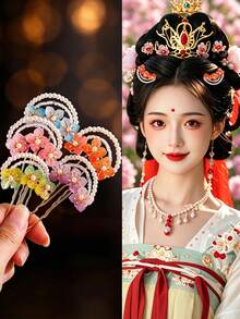 1pc Vintage Small Flower Pearl U-Shaped Hair Pin, Personalized Hair Accessory For Girls, Suitable For Party And Ball Decoration - Multicolor - View 1