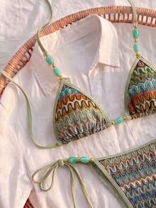 Bikinx Women's Bohemian Style Halter Neck Backless Textured Fabric Beaded Bikini Set, Side Tie Swim Bottoms, Suitable For Beach Wear - Multicolor - View 5
