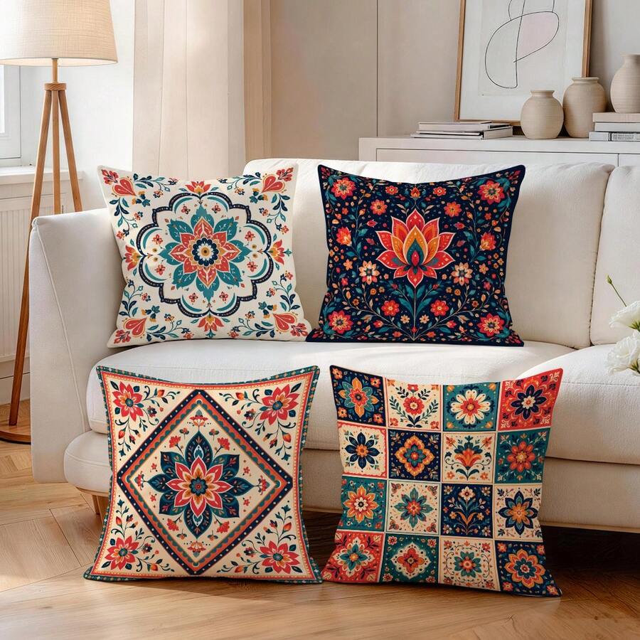 4pcs Bohemian Floral Mandala Print Pillow Covers, Single-Sided Printed Cushion Covers/Pillowcases, Multi-Scene Atmosphere Decorative Pillow Covers Suitable For Living Room Sofa Bedroom, Pillow Insert Not Included - Multicolor - View 1