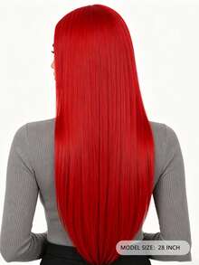 28 Inch Red Middle Part Straight Hair Wig, Comfortable Wear, Suitable For All Women Party Ball Dress Up Long Straight Wig. - Red - View 5