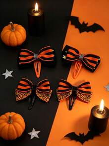 Halloween Striped Spider Web Bow Hair Clip, Orange & Black Star Satin Ribbon Bow Top Clip, Women's Spooky Party Cosplay Hair Accessory - Orange - View 1