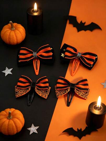 Halloween Striped Spider Web Bow Hair Clip, Orange & Black Star Satin Ribbon Bow Top Clip, Women's Spooky Party Cosplay Hair Accessory
