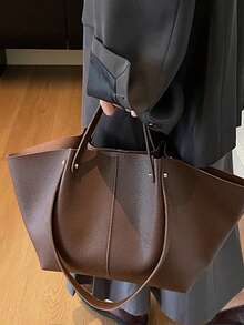 Lychee Texture Stitching Detail Double Layer Handheld Shoulder Bag Layered Storage Korean Style Lazy Tote Bag Women's Large Capacity School Shopping Versatile Textured Shoulder Bag - Coffee - View 3