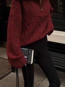 VIBEWAVE Women's Burgundy Half-Zip Cable Knit Cropped Sweater, Vintage Relaxed Loose Drop Shoulder Pullover Top For Autumn/Winter - Red - View 4