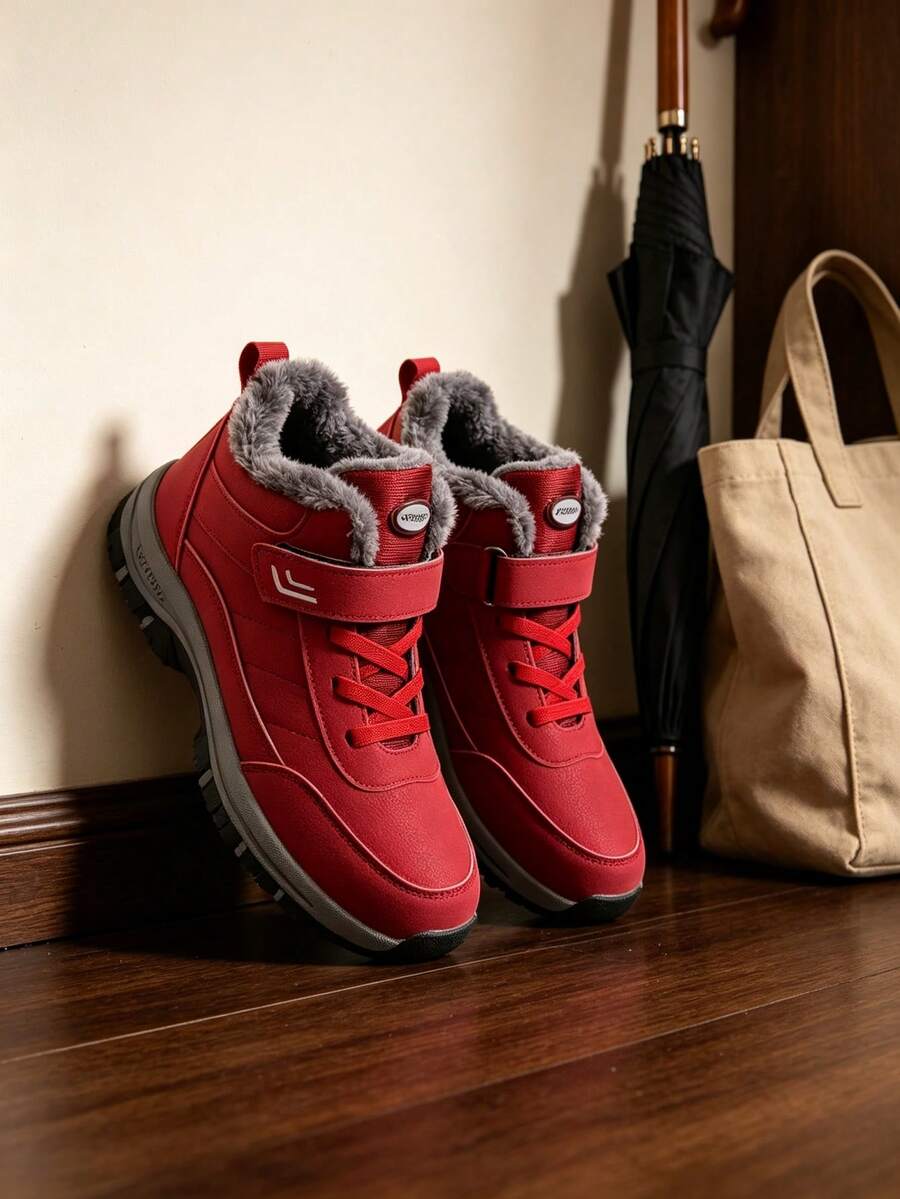 Men's Snow Boots, Fleece Lining, Warm And Comfortable, Non-Slip Sole, Round Toe Design, Suitable For Outdoor Camping And Casual Wear - Winter Footwear - Red - View 1