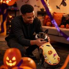 1pc Halloween Striped Pumpkin Ghost Print Pet Sleeveless Vest, Breathable Vest, Suitable For Small Dogs, Medium Dogs And Cats - Multicolor - View 7