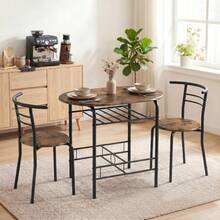 3-Piece Dining Set, Kitchen Table And Chairs For 2 People With Shelf, Living Room, Black Marble Look - Rustic Brown + Engineered Wood - View 3
