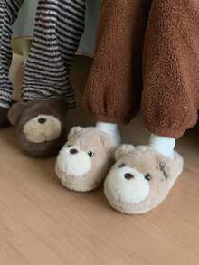 XIXITIAO Cute Big Eye Bear Soft Sole House Shoes, Warm Fuzzy Couple Slippers For Indoor Home Use - Apricot - View 2