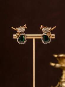 Court-Style Green Gemstone Inlaid Bird-Shaped Full-Paved Design Pendant Necklace Or Earrings, Everyday Party Women's Accessory Gift - Earring - View 4