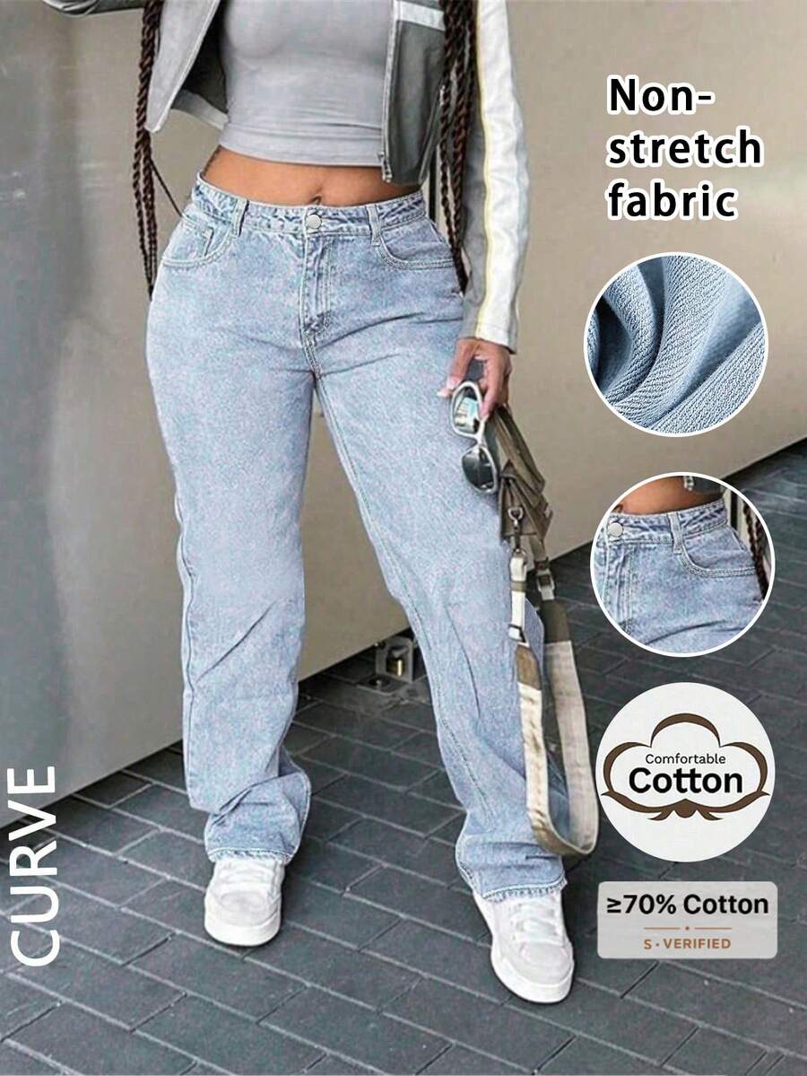 Women Plus Size Loose Straight Leg Jeans Casual Spring Fall - Light Wash - View 1