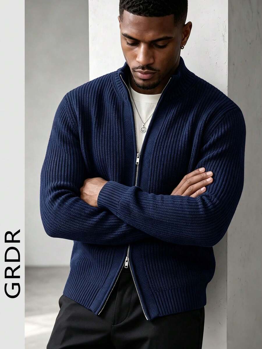GRDR Men's Crew Neck Long Sleeve Stand Collar Double-Breasted Cardigan Sweater, Versatile For Daily Wear