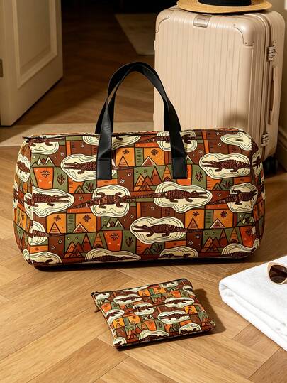 Printed Design Women's Handbag, Luggage Bag, Matching Small Bag, Makeup Bag, African Silhouette Quilted Cylindrical Handbag, Wildlife Print, Bohemian Style, Suitable For Women, Men, Teachers, Students, Large Capacity, Halloween Gift, Thanksgiving Gift, Christmas Gift For Family, Friends, Colleagues