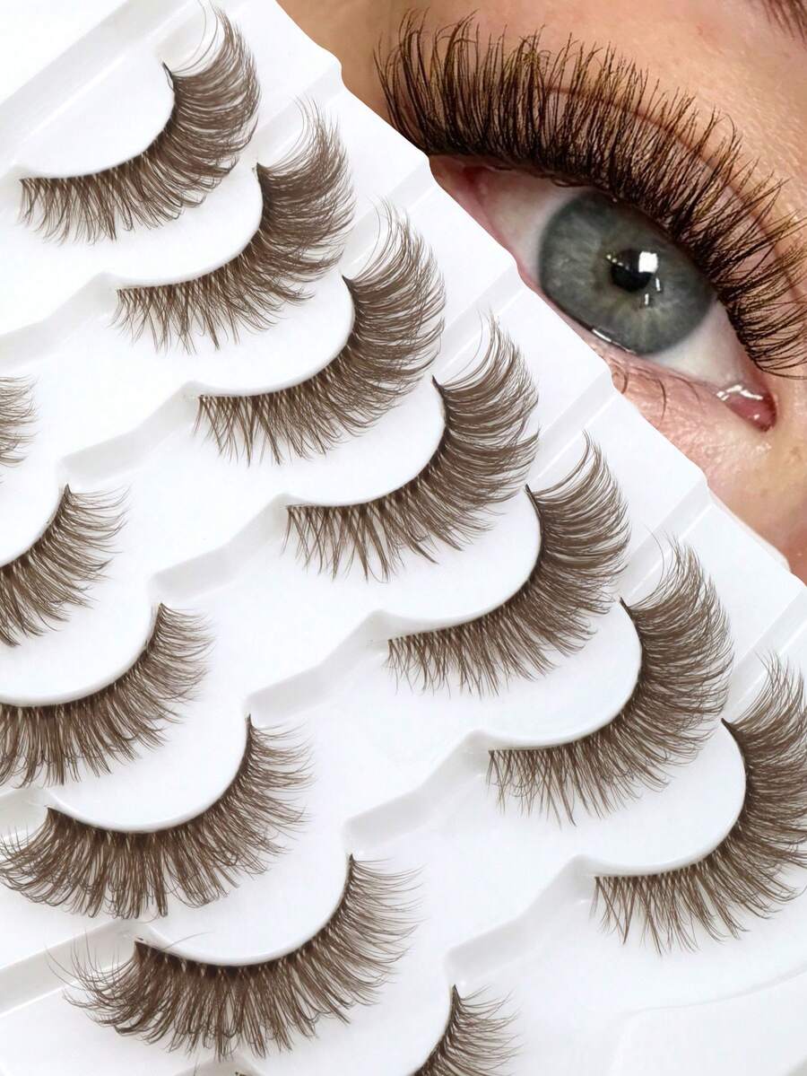 7 Pairs Brown Fox Style 3D Fluffy Eyelashes, Colorful C-Curl Fox Eye Tail, Voluminous Curly Soft Lightweight Faux Mink Fur Stage Christmas Gift Eyelashes - Brown - View 1