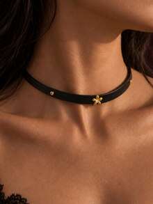 1pc Gothic Stainless Steel Cherry Blossom Flower Leather Choker Necklace For Women, Halloween Jewelry Accessory - Black - View 7