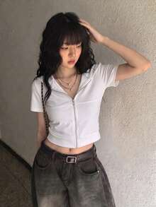 Korean Street Style Summer Zip-Up Fitted Camouflage Short Sleeve Hooded T-Shirt Cardigan Crop Top White - White - View 2