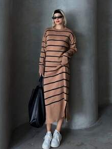 Sweater Dress; Women Striped Pattern Drop Shoulder Polo Neck, 26 Fall/ Winter New - Khaki - View 5