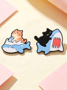 1pc/2pcs Fun Cat Riding Shark Enamel Brooch,Cute Marine Animal Lapel Pin,Creative Cartoon Style,Gift For Friends, Decoration For Backpack,Hat&Clothing - Multicolor - View 5