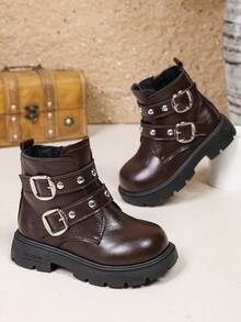 1 Pair Kids Leather Buckle Short Boots Soft PU Dual Hook & Loop + Inner Zipper Design Maillard Style Motorcycle Boots Suitable For Daily School Outdoor Autumn Winter New Arrival - Coffee Brown - View 3
