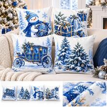 4pcs Blue Christmas Pillow Covers, Winter Wonderland Snowman Tree Gift And Royal Decor Cushion Covers, Elegant Blue White Gold Holiday Home Decor, Without Inserts - Blue and White - View 1
