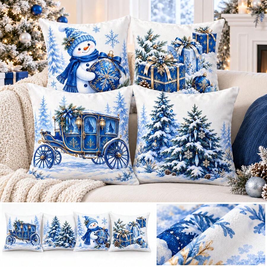 4pcs Blue Christmas Pillow Covers, Winter Wonderland Snowman Tree Gift And Royal Decor Cushion Covers, Elegant Blue White Gold Holiday Home Decor, Without Inserts - Blue and White - View 1