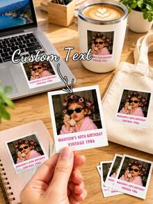 Custom Birthday Photo Card Stickers, Personalized Photo Stickers, Personalized Mini Photo Cards With Name And Year, Y2K Pink Border Party Favor Cards, Customized Commemorative Birthday Gift Cards - Multicolor - View 4