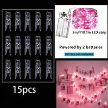 Pink LED Photo Clip Fairy String Lights With 15 Picture Clips, Indoor Wall Photo Display Lamp, Bedroom Christmas Tree Holiday Party Ambient Decor Light - Photo Clip Light - View 3