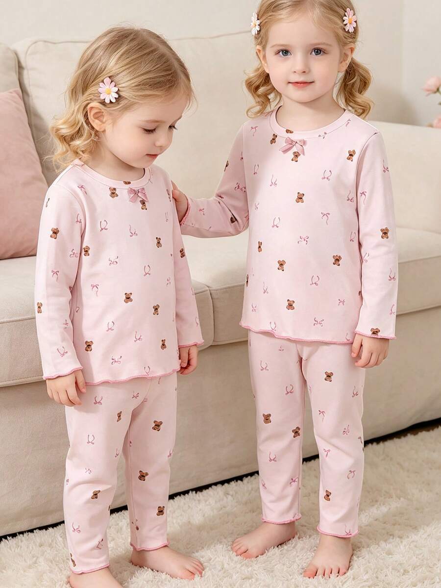 Lurzo 2pcs/Set Sweet & Cute Girls' Loungewear Set, Includes Long Sleeve Round Neck Top And Long Pants With Teddy Bear And Bow Pattern, Fashionable & Casual, Suitable For Spring, Autumn And Winter Home Wear - Pink - View 1