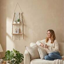 2-Tier Wall-Mounted Floating Shelf, Handmade Bohemian Style Woven Rope Decorative Storage Rack For Home, Bedroom, Bathroom, Plants, Beige - Multicolor - View 2