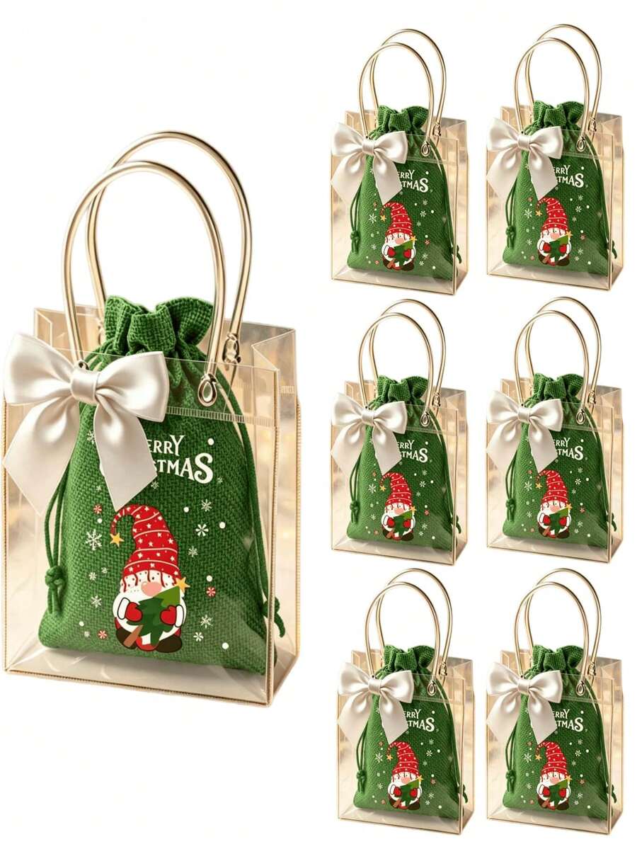 18pcs Colorful Christmas PVC & Linen Gift Bags Set With Bows, Santa Claus Drawstring Pouches, Suitable For Holiday Party Gifts And Jewelry Storage, Perfect For Christmas And New Year Party Supplies - Multiple Styles - View 1