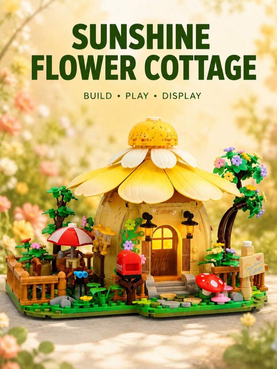 673PCS Sunshine Flower House Building Set, Fairy Tale Petal Roof Flower House Model, Desktop Decorative Household Items, Creative Stress Relief Puzzle, Suitable For Adult Collector-Level Building Toys, ABS Material Small Particle Building Blocks - Multicolor - View 1