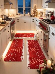 1 pieza Alfombra de cocina con diseño de copo de nieve rojo, alfombra gruesa, alfombra de felpa, alfombra de otoño e invierno, tapete de cocina, tapete de piso de cocina, tapete de puerta, alfombra pequeña, alfombra pasillera, tapete de piso, decoración del hogar, alfombra de área, tapete exterior, alfombra de dormitorio, alfombra lavable - Multicolor - Ver 2