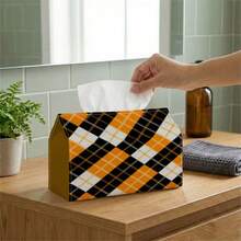 1pc Vintage Tissue Box, Retro Orange Plaid - Geometric Square Pattern, Durable Polyester, Perfect For Kitchen, Living Room, Bedroom, Bathroom, Car - Bathroom Decor | Fun Design | Durable Polyester, Tissue Box - A - View 6