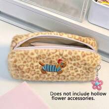 Plush Leopard Print Pencil Case, Cute Dachshund Embroidery Large Capacity Pencil Pouch With Flower Charm, Portable Cosmetic Storage Bag, Suitable For Office And School Supplies - Single Piece - View 14
