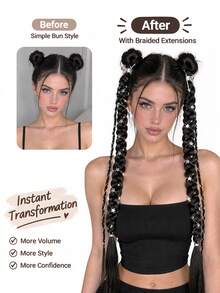Women Black Decorative Braid Hair Extension, Long Braided Hairpiece With Star Ornaments, Easy Clip-In Design For Cosplay And Daily Hairstyle - Multicolor - View 7
