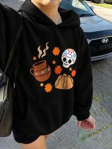 1 Pieza Sudadera con capucha negra para mujer diseño gráfico Día de Muertos y pan de muerto estilo casual aesthetic cálida y cómoda para festival de otoño - A - Ver 2