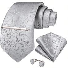 Men's Tie, Pocket Square, Cufflinks, Tie Clip 4-Piece Set, Silver Gray Vine & Leaf Subtle Pattern, Business Casual Formal Outfit Matching - Silver - View 2