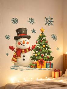 1pc Christmas Snowman Wall Sticker, Cute Snowman With Christmas Tree, Gift Box And Snowflake Wall Decal, Removable Self-Adhesive Christmas Mural For Bathroom, Door, Window, Home Holiday Decoration - B - View 3