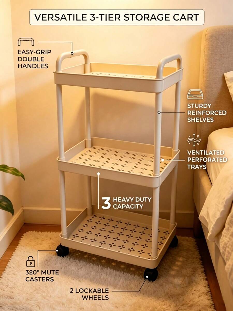3-Tier Multi-Function Mobile Cart - Mobile Storage Organizer For Kitchen, Bedroom And Office (Black/White)