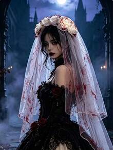 1pc Halloween Ghost Bride Blood-Stained Rose Veil, Dark Style Floral Headpiece, Suitable For Halloween, Gothic, Holiday Party, Ball, Photo Prop - Multicolor - View 2