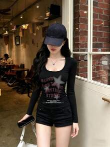 New Spring/Autumn Short Long Sleeve T-Shirt Women Y2K Generation Design Star Print Korean Style U-Neck Versatile Casual Slim Fit Top - Black - View 3