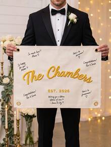 1pc Custom Text Wedding Guest Book Alternative, Embroidered Last Name Pennant Flag, Keepsake Wedding Sign, Personalized Wall Art, Wedding Banner - Multicolor - View 4