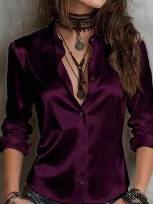 Women's Solid Color Satin Blouse, Front Button Long Sleeve Top, Suitable For Elegant Business, Daily Commute, Home, Office, Vacation, All Seasons - Red Violet - View 1