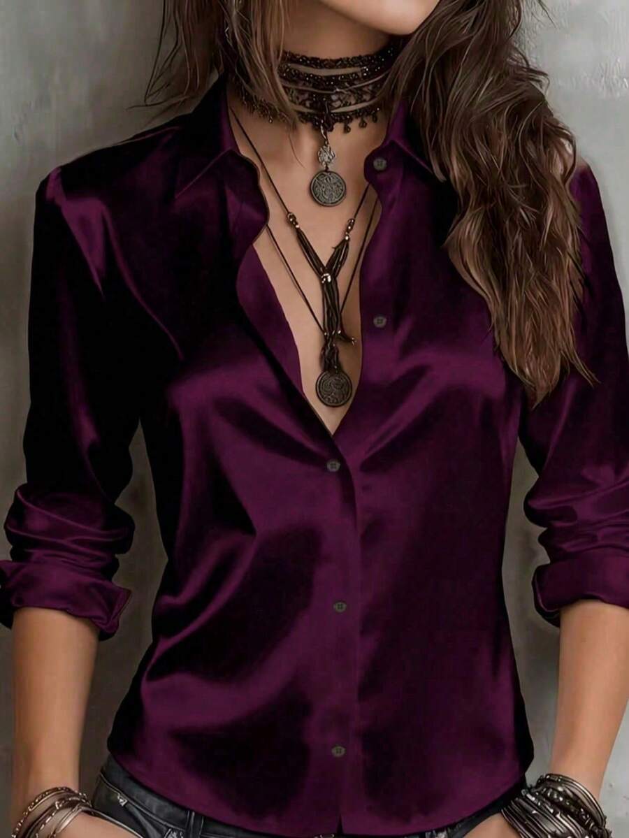 Women's Solid Color Satin Blouse, Front Button Long Sleeve Top, Suitable For Elegant Business, Daily Commute, Home, Office, Vacation, All Seasons - Red Violet - View 1