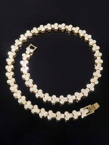 European & American Hip Hop Style Full Rhinestone Clover Necklace Men's Personalized Gold-Plated Rhinestone Collarbone Chain Street Rap Party Versatile Exaggerated Jewelry Gift - Three-leaf Flower - View 6