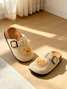 HAHABOBO Children's Beige Vintage Metal Buckle Closed Toe Slippers, Plush Bear Head Decor Soft Sole Autumn/Winter Shoes - Apricot - View 3