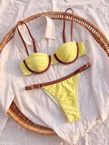 Women's Underwire Colorblock Ruched Bust Bikini Set, Spaghetti Strap Backless Tie Swimwear, Suitable For Beach Vacation Summer - Multicolor - View 9